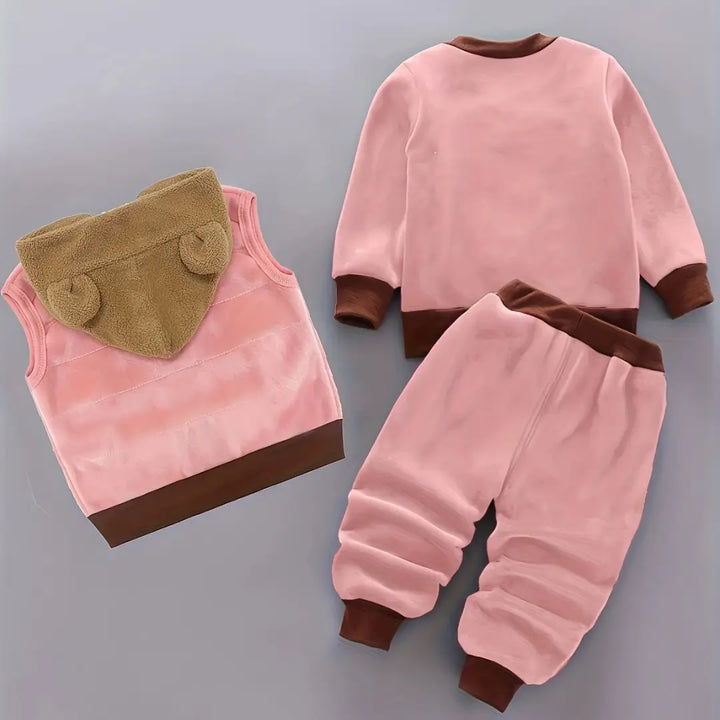 Trio de peças do conjunto parte do verso , conjuntos Rosa Amendoim, colete com capuz peluciado, moletom e calça.