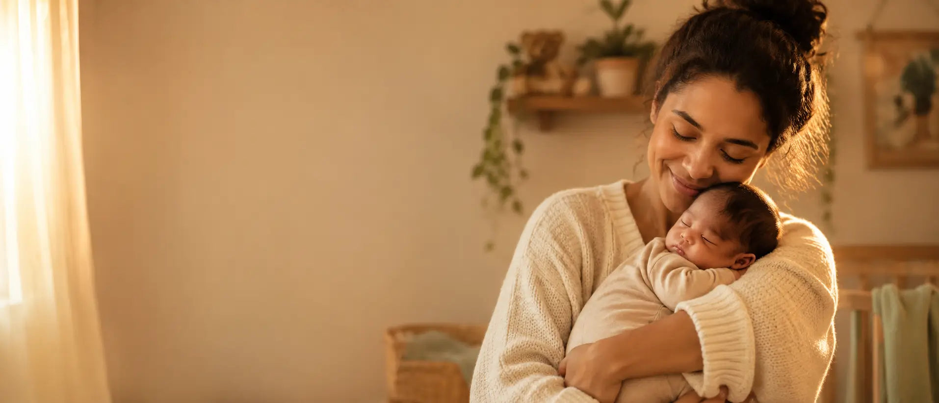 Mãe segurando o bebê no colo em um quarto aconchegante — Materna Kids